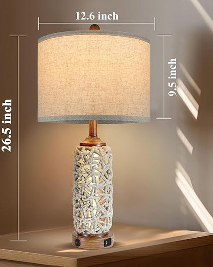 Coastal Nautical Lamp Farmhouse Table Lamps for Living Room Bedroom， Bedside Lamp with Dual USB Port，26.5'' Tall Nightstand Lamps(2 Bulb Included) - LeafyLoom