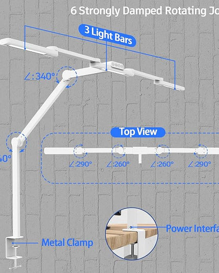 Transformable LED Desk Lamp, 41.5" Large Architect Desk Lamp with Clamp, White Computer Desk Light for Home Office, 24W Ultra Bright Auto Dimming Office Lighting Table Light for Crafting - LeafyLoom