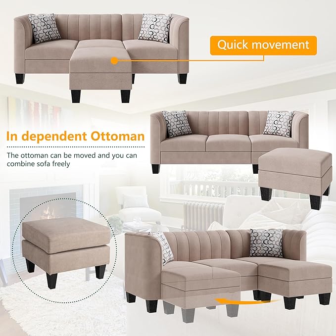 Shintenchi Upgraded Convertible Sectional Sofa Couch, 3 Seat L Shaped Sofa with High Armrest Linen Fabric Small Couch Mid Century for Living Room, Apartment and Office (Beige) - LeafyLoom