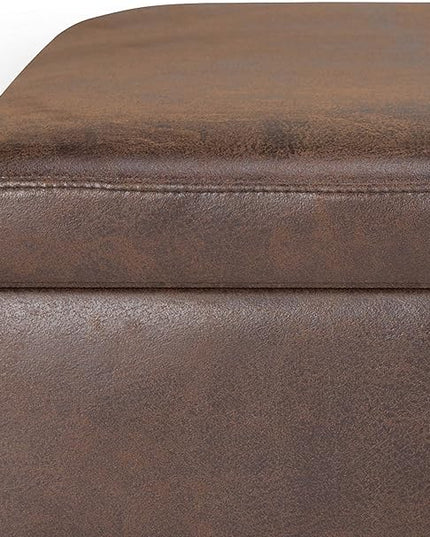SIMPLIHOME Owen 36 Inch Wide Mid Century Modern Rectangle Small Rectangular Storage Ottoman in Distressed Chestnut Brown Faux Leather, For the Living Room, Entryway and Family Room - LeafyLoom