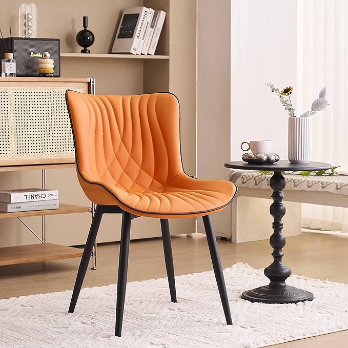 YOUTASTE Dining Chairs Set of 2 Upholstered Mid Century Modern Kitchen Dining Room Chairs Armless Faux Leather Accent Chairs Metal Vanity Lounge Chair with Back for Living Room Bedrooms,Orange - LeafyLoom