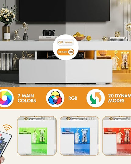 YESHOMY Modern LED TV Stand for Televisions up to 70 Inch with Glass Shelves and Drawer, Gaming Entertainment Center with Multiple Dynamic RGB Modes, for Livingroom, Bedroom, 60 Inch, White - LeafyLoom