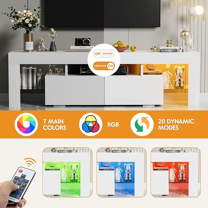 YESHOMY Modern LED TV Stand for Televisions up to 70 Inch with Glass Shelves and Drawer, Gaming Entertainment Center with Multiple Dynamic RGB Modes, for Livingroom, Bedroom, 60 Inch, White - LeafyLoom