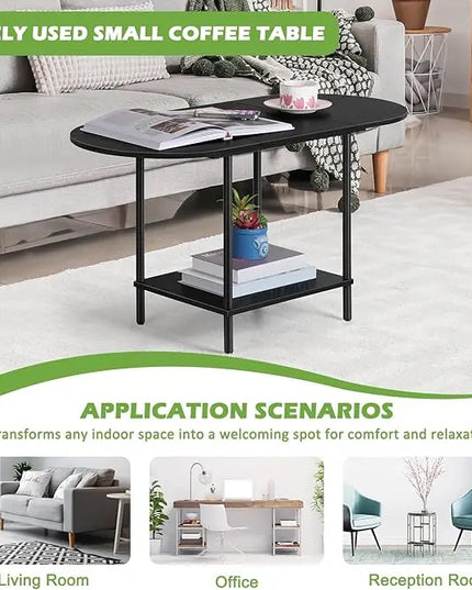 ETELI Black Coffee Tables for Living Room 2-Tier Small Oval Coffee Table Wood Accent Coffe Tables with Storage Shelf Modern Mesa De Centro Sala for Small Space, Home Office - LeafyLoom