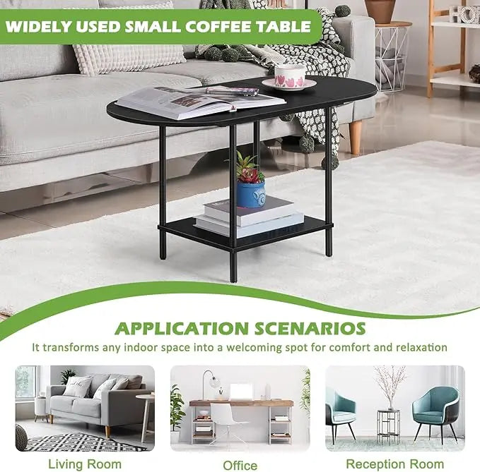 ETELI Black Coffee Tables for Living Room 2-Tier Small Oval Coffee Table Wood Accent Coffe Tables with Storage Shelf Modern Mesa De Centro Sala for Small Space, Home Office - LeafyLoom