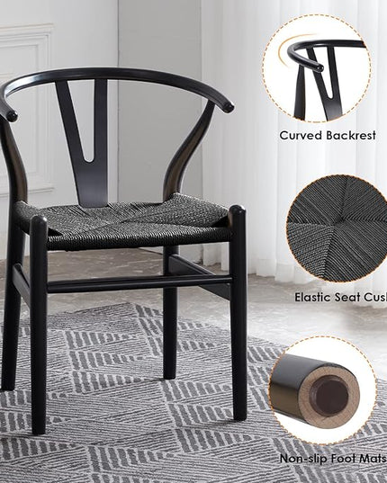 Farini Wishbone Chairs for Dining Room Solid Wood Rattan Chair Armchairs Y Shaped Backrest Hemp Seat for Home Restaurant Fully-Assembled(Set of 2,Black-Black Seat) - LeafyLoom