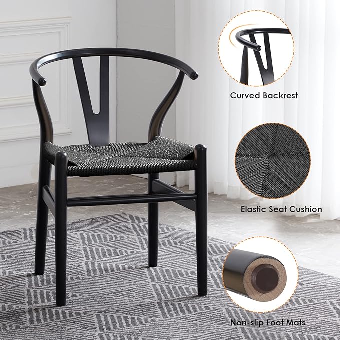 Farini Wishbone Chairs for Dining Room Solid Wood Rattan Chair Armchairs Y Shaped Backrest Hemp Seat for Home Restaurant Fully-Assembled(Set of 2,Black-Black Seat) - LeafyLoom