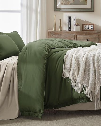 Andency Olive Green Comforter Set Queen, 3 Pieces Boho Tassel Lightweight Bedding Comforter Sets, All Season Soft Fluffy Fringe Bed Set (90x90In Comforter & 2 Pillowcases) - LeafyLoom