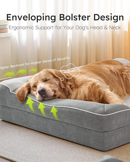 Dog Beds for Large Dogs, Orthopedic Dog Bed with Cooling Gel Memory Foam, Waterproof Large Dog Bed with Removable Washable Cover, 36" Dog Sofa Couch Dutch Velvet with Bone Toy, Light Gray LeafyLoom