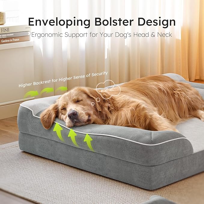Dog Beds for Large Dogs, Orthopedic Dog Bed with Cooling Gel Memory Foam, Waterproof Large Dog Bed with Removable Washable Cover, 36" Dog Sofa Couch Dutch Velvet with Bone Toy, Light Gray LeafyLoom