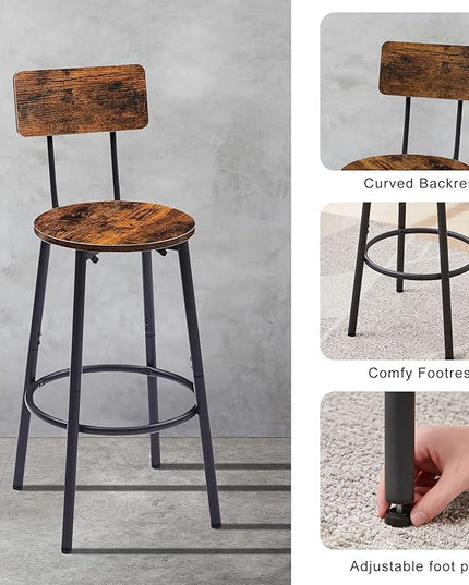 Dining Table Set for 2, Bar Table and Chairs Set, Industrial Counter Height Round Bar Table with Storage Shelf, and 2 Stools with Backrest & Footrest, for Kitchen, Bar, Small Space, Rustic Brown - LeafyLoom