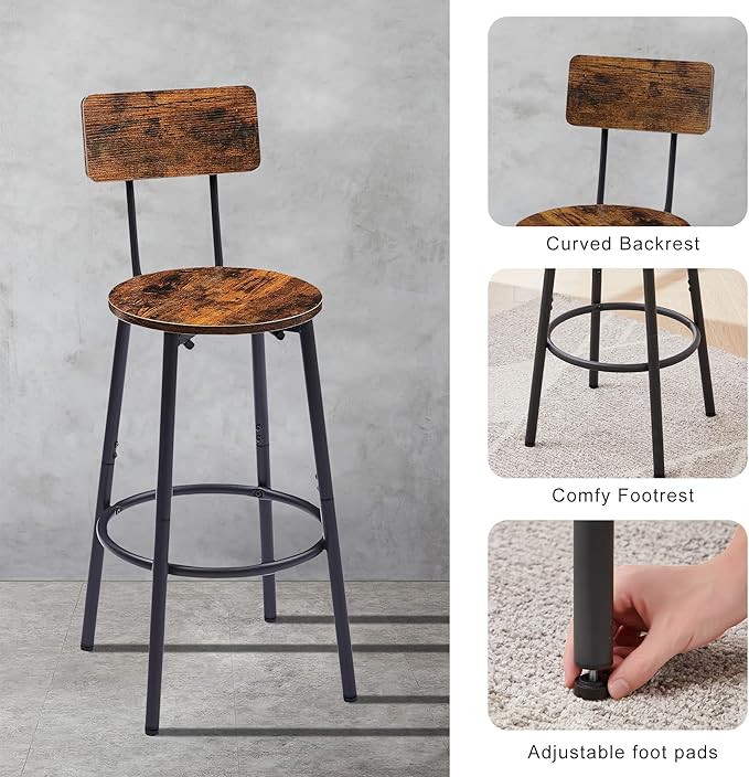 Dining Table Set for 2, Bar Table and Chairs Set, Industrial Counter Height Round Bar Table with Storage Shelf, and 2 Stools with Backrest & Footrest, for Kitchen, Bar, Small Space, Rustic Brown - LeafyLoom