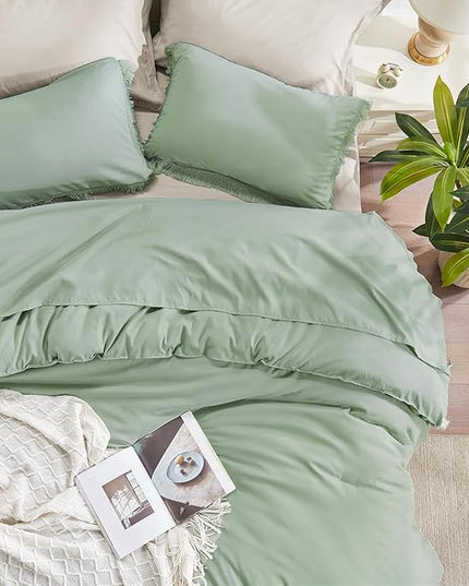 Andency Sage Green Tassel Comforter Set Full(79x90Inch), 3 Pieces(1 Fringe Comforter, 2 Pillowcases) Boho Farmhouse Shabby Chic , Microfiber Lightweight Bedding Set - LeafyLoom