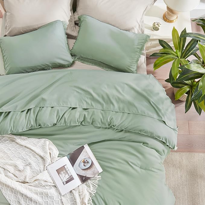 Andency Sage Green Tassel Comforter Set Full(79x90Inch), 3 Pieces(1 Fringe Comforter, 2 Pillowcases) Boho Farmhouse Shabby Chic , Microfiber Lightweight Bedding Set - LeafyLoom