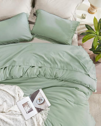 Andency Comforter King Size Bed Set Sage Green, 3 Pieces Boho Lightweight Winter Bedding Comforters & Sets, All Season Soft Tassel Bed Set (104x90In Comforter & 2 Pillowcases) - LeafyLoom