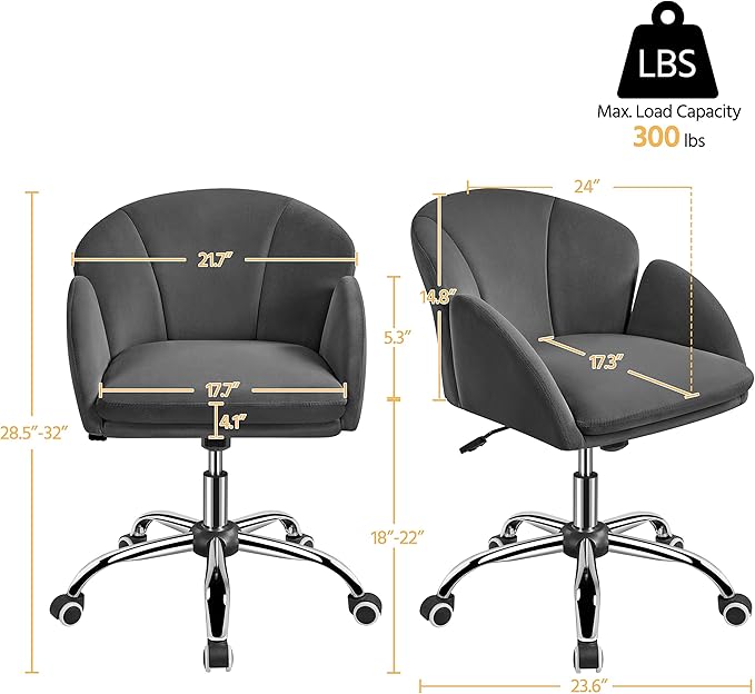 Yaheetech Cute Velvet Desk Chair for Home Office, Makeup Vanity Chair with Armrests for Bedroom Modern Swivel Rolling Chair for Women Dark Gray - LeafyLoom