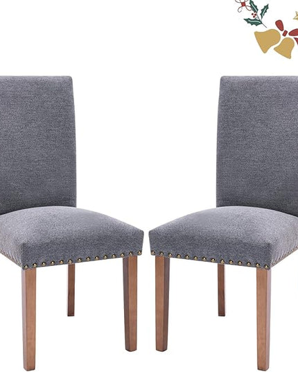 Parsons Dining Chairs Set of 2, Upholstered Nailhead Dining Room Kitchen Side Chair with Thick Cushions and Wood Legs, Dark Grey - LeafyLoom