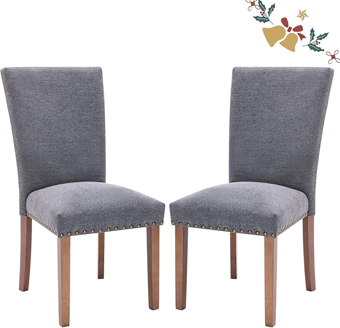 Parsons Dining Chairs Set of 2, Upholstered Nailhead Dining Room Kitchen Side Chair with Thick Cushions and Wood Legs, Dark Grey - LeafyLoom