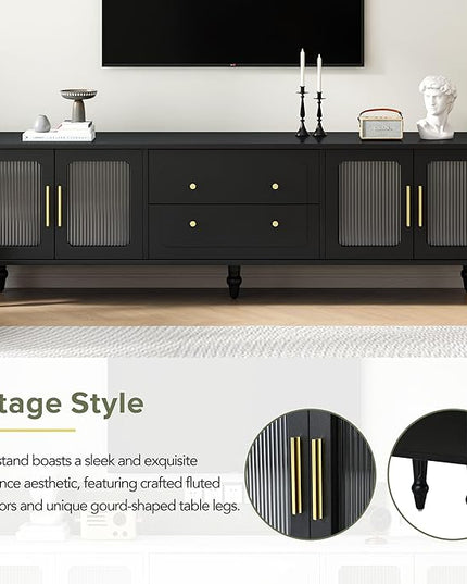 Merax Retro Design TV Stand with Fluted Glass Doors and 2 Drawers and Cabinets for Televisions Up to 78'', Practical Media Console, Elegant Entertainment Center for Living Room, Black - LeafyLoom