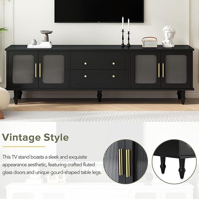 Merax Retro Design TV Stand with Fluted Glass Doors and 2 Drawers and Cabinets for Televisions Up to 78'', Practical Media Console, Elegant Entertainment Center for Living Room, Black - LeafyLoom