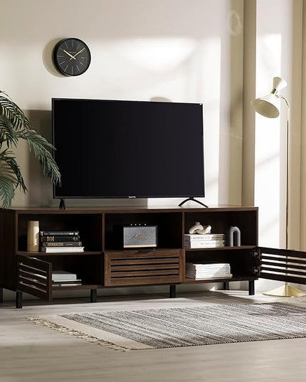 Walker Edison Modern Slatted Wood TV Stand for TV's up to 80" Universal TV Stand for Flat Screen Living Room Storage Cabinets and Shelves Entertainment Center, 70 Inch, Dark Walnut - LeafyLoom
