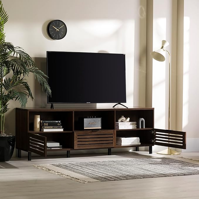 Walker Edison Modern Slatted Wood TV Stand for TV's up to 80" Universal TV Stand for Flat Screen Living Room Storage Cabinets and Shelves Entertainment Center, 70 Inch, Dark Walnut - LeafyLoom
