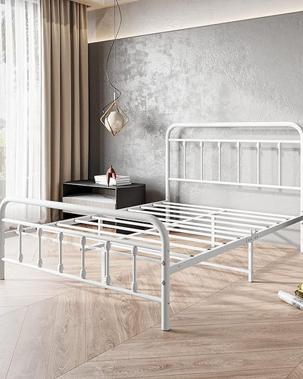 Vintage Full Size Bed Frame with Headboard and Footboard Mattress Heavy Duty Metal Platform Bed Frame Steel Slat Support (Full, White) - LeafyLoom