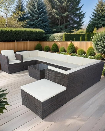 11 Pieces Outdoor Furniture Sofa, 10 Seater Patio Sectional Set with 3 Storage Box Under Seat Brown Wicker + White Cushion for Garden, Balcony, Poolside, Backyard, Zk-Beige - LeafyLoom