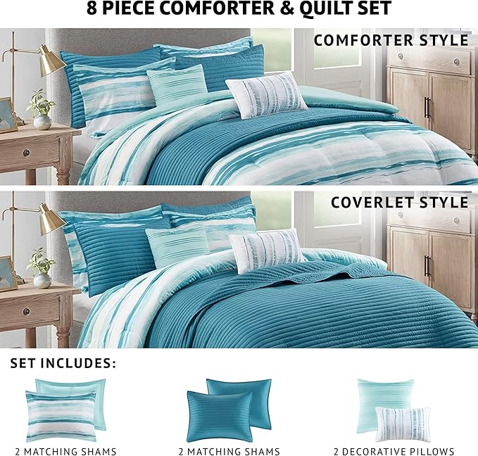 Madison Park Marina Comforter Quilt Combo Set - Modern Luxury Design, All Season Down Alternative Bedding, Matching Shams, Decorative Pillows, Full/Queen(90"x90"), Aqua 8 Piece - LeafyLoom