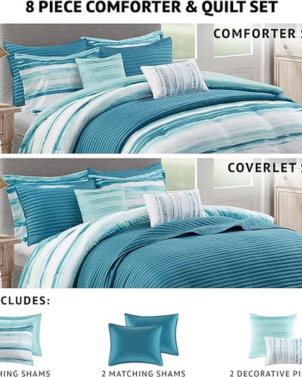 Madison Park Marina Comforter Quilt Combo Set - Modern Luxury Design, All Season Down Alternative Bedding, Matching Shams, Decorative Pillows, King/Cal King(104"x92"), Aqua 8 Piece - LeafyLoom