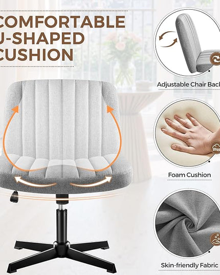 Criss Cross Legged Chair, Armless Swivel Wide Padded Height Adjustable Fabric Home Office, Light Grey - LeafyLoom