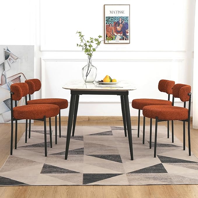 EDWELL Orange Dining Chairs Set of 4, Mid-Century Modern Dining Room Chairs with Thick Cushion, Round Upholstered Boucle Chairs for Kitchen, Living Room, Armless Kitchen Chairs with Black Metal Legs - LeafyLoom