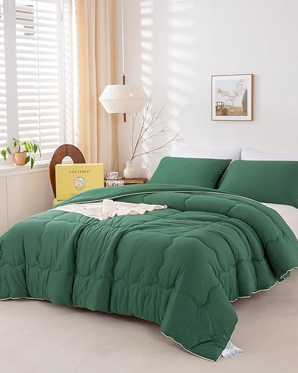 COTTEBED Forest Green Comforter Queen Size, Jersey Knit Cotton T-Shirt Feel Ultra-Soft Cute Cozy Lightweight Bedding Blanket Quilt Down Set & Pillowcase All Season Use Emerald Hunter Green,Full/Queen - LeafyLoom