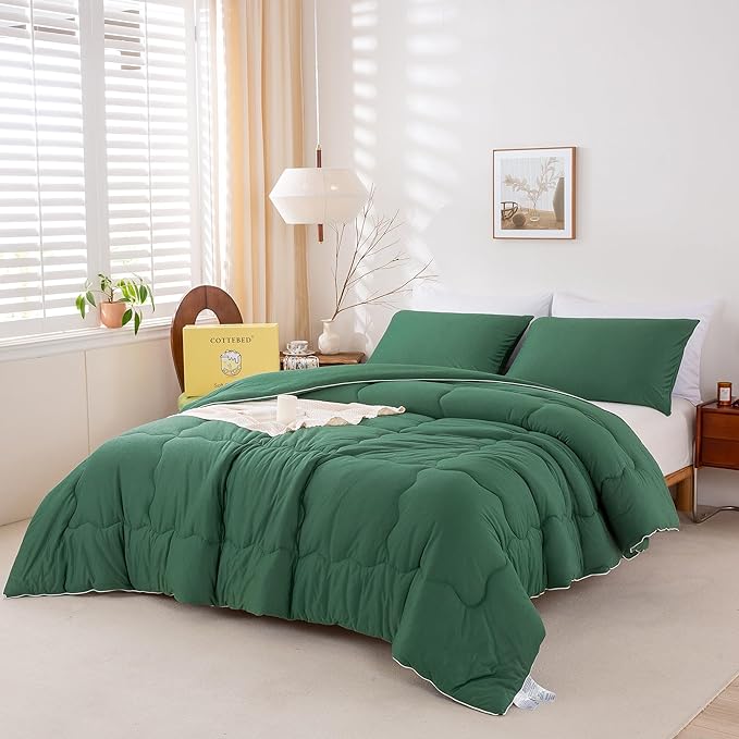 COTTEBED Forest Green Comforter Queen Size, Jersey Knit Cotton T-Shirt Feel Ultra-Soft Cute Cozy Lightweight Bedding Blanket Quilt Down Set & Pillowcase All Season Use Emerald Hunter Green,Full/Queen - LeafyLoom