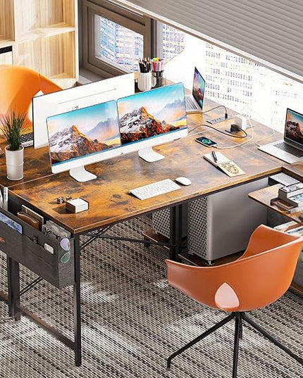 ODK 55 Inch Small L Shaped Gaming Computer Desk with Power Outlets, Reversible Storage Shelves & PC Stand for Home Office, Simple Writing Study Table with Storage Bag for Small Space, Vintage - LeafyLoom