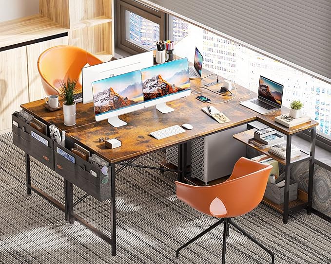 ODK 55 Inch Small L Shaped Gaming Computer Desk with Power Outlets, Reversible Storage Shelves & PC Stand for Home Office, Simple Writing Study Table with Storage Bag for Small Space, Vintage - LeafyLoom