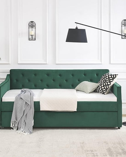 Upholstered Twin Size Daybed with Twin Trundle, Solid Wood Sofa Bed w/Button Tufted Backrest and Waved Shape Arms, for Kids, Living Room, Bedroom, Dorm, No Box Spring Needed, Green - LeafyLoom