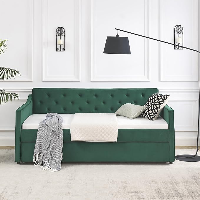 Upholstered Twin Size Daybed with Twin Trundle, Solid Wood Sofa Bed w/Button Tufted Backrest and Waved Shape Arms, for Kids, Living Room, Bedroom, Dorm, No Box Spring Needed, Green - LeafyLoom