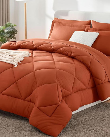 CozyLux King Comforter Set with Sheets 7 Pieces Bed in a Bag Burnt Orange All Season Bedding Sets with Comforter, Pillow Shams, Flat Sheet, Fitted Sheet and Pillowcases - LeafyLoom