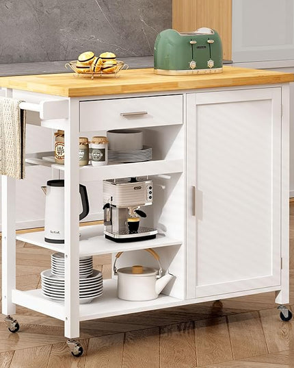 SogesGame Kitchen Island with Storage, Rolling Kitchen Island Cart on Wheels with Drawer, Mobile Kitchen Island with 1-Door Storage Cabinet and 3-Tier Shelves for Living Room, Wine Shelf, Towel Rack - LeafyLoom