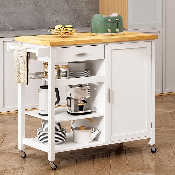 SogesGame Kitchen Island with Storage, Rolling Kitchen Island Cart on Wheels with Drawer, Mobile Kitchen Island with 1-Door Storage Cabinet and 3-Tier Shelves for Living Room, Wine Shelf, Towel Rack - LeafyLoom