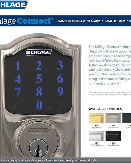 SCHLAGE BE469ZP CAM 625 Connect Smart Deadbolt With Alarm Inbuilt Camelot Trim In Bright Chrome SchlageLockCompany