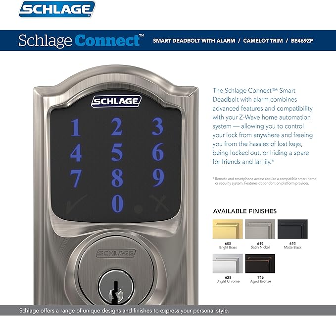 SCHLAGE BE469ZP CAM 625 Connect Smart Deadbolt With Alarm Inbuilt Camelot Trim In Bright Chrome SchlageLockCompany