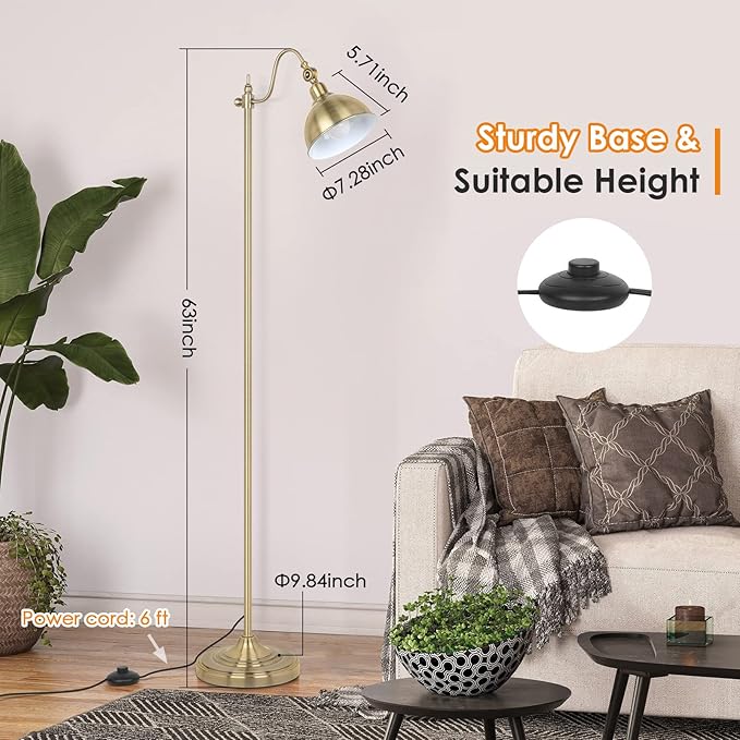 Mlambert Industrial Floor Lamp,63” LED Floor Lamp with LED Bulb,Adjustable Metal Head,Foot Switch,Tall Lamp for Livingroom,Bedroom,Corner Lamp- Brass - LeafyLoom