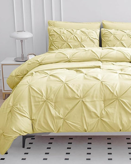 LANE LINEN King Comforter Set – 7 Piece Bed in a Bag – Pinch Pleated King Size Bedding Set with Comforter, Flat Sheet, Fitted Sheet, 2 Pillowcases & 2 Shams – Soft Pintuck Bed Set - Vanilla - LeafyLoom