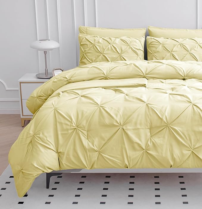 LANE LINEN Queen Comforter Set – 7 Piece Bed in a Bag – Pinch Pleated Queen Size Bedding Set with Comforter, Flat Sheet, Fitted Sheet, 2 Pillowcases & 2 Shams – Soft Pintuck Bed Set – Vanilla - LeafyLoom