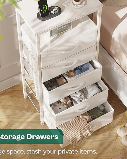 5 Drawers Dresser with Charging Station, Dresser for Bedroom, Tall Night Stand, Chest of Drawers with PU Leather Finish, Open Shelf, Bedside Table Nightstand, for Entryway, White - LeafyLoom
