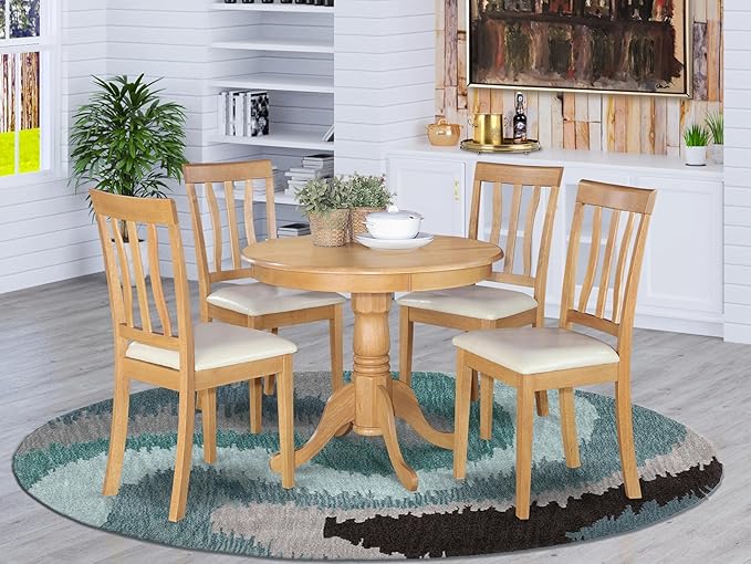 East West Furniture Antique 5 Piece Room Furniture Set Includes a Round Kitchen Table with Pedestal and 4 Faux Leather Upholstered Dining Chairs, 36x36 Inch, ANTI5-OAK-LC - LeafyLoom