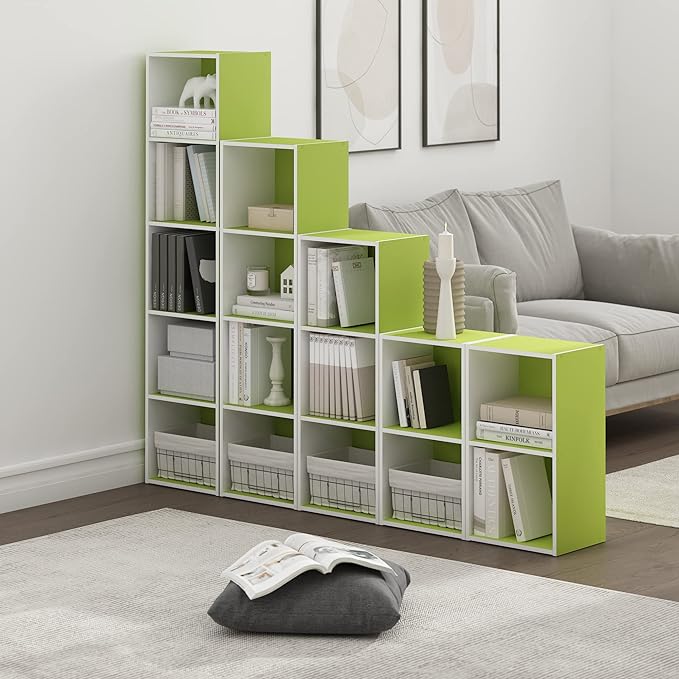 Furinno Luder Bookcase / Book / Storage, 4-Tier Cube, Green/White - LeafyLoom