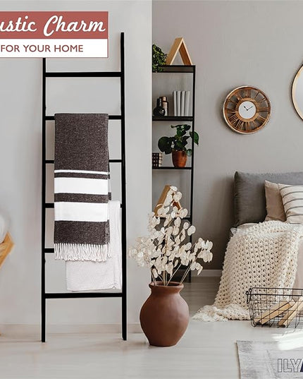 Ilyapa Blanket Ladder for The Living-Room - Rustic Decorative Quilt Ladder with Folding Construction for Easy Storage, Black Weathered Wood, Blanket Ladders for The Living Room, Bathroom - LeafyLoom